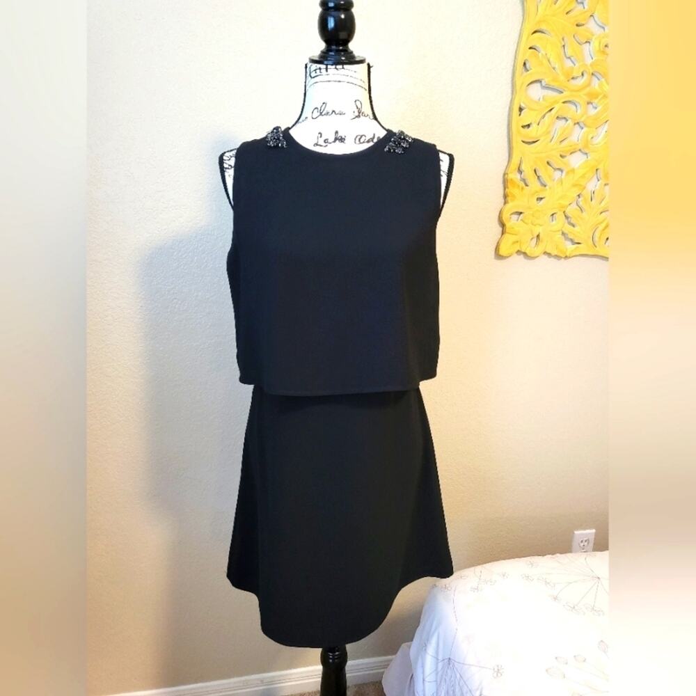 MNG Casual Black Fit + Flare, Floating Top, Sleeveless Bejeweled Shoulder Dress
